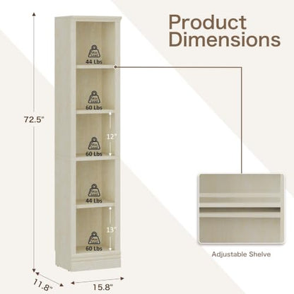 5-Tier Narrow Bookshelf, Adjustable Shelves, 72.5" - color: Cream