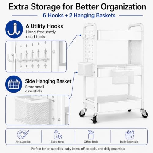 3 Tier White Rolling Storage Cart Metal with DIY Pegboard and Wheels - color: Classic White, size: 3 Tier+Pegboard
