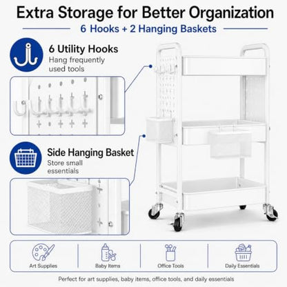 3 Tier White Rolling Storage Cart Metal with DIY Pegboard and Wheels - color: Classic White, size: 3 Tier+Pegboard
