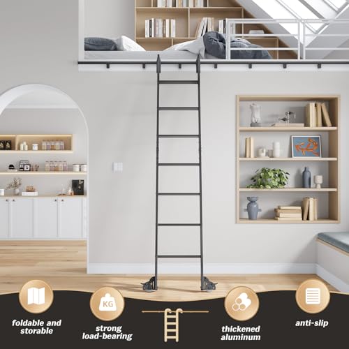 Fredbeck 8ft Rolling Library Ladders Black 96" with 4FT Sliding Track Kit - size: 96" Ladder + 4FT Hook Kit