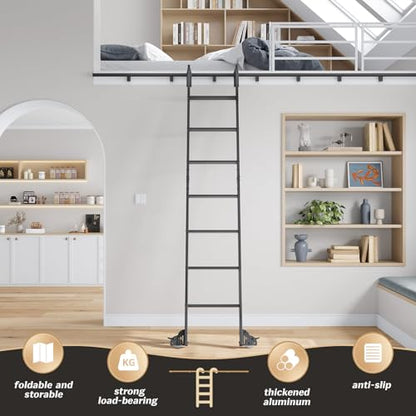 Fredbeck 8ft Rolling Library Ladders Black 96" with 4FT Sliding Track Kit - size: 96" Ladder + 4FT Hook Kit