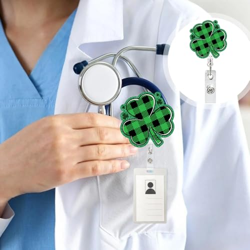 RIICFDD Badge Reel St. Patrick's Day Green Plaid Clover Badge Holder 1 Pcs - color: Cute Styl 50