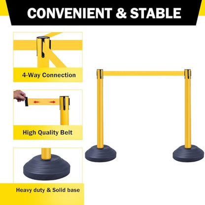 10 ft Crowd Control Stanchion Set, Yellow Crowd Control Barrier with Retractable Belts & Water-Filled Base, Queue Management Stanchion (6 Pack) - size: Water Filled Base-6 Pack