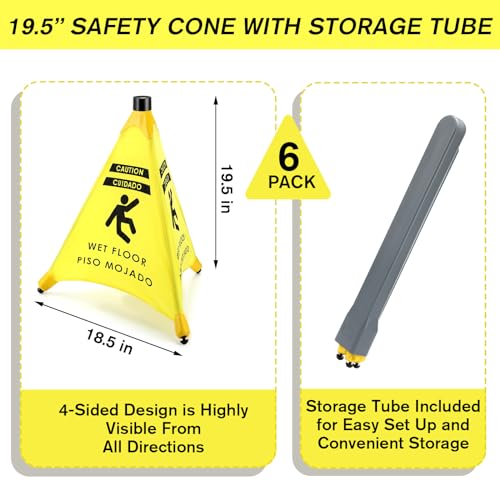 Ceenna 6 Pcs 19.5 Inch Wet Floor Sign Pop-up Safety Cone with Storage Tube Wet Floor Symbol Yellow Warning Sign for Retail, Grocery, Office, Cinema, Restaurant, Mall