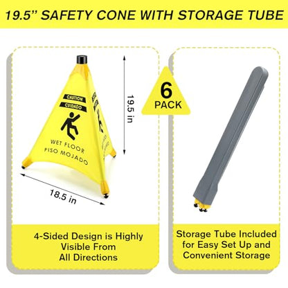 Ceenna 6 Pcs 19.5 Inch Wet Floor Sign Pop-up Safety Cone with Storage Tube Wet Floor Symbol Yellow Warning Sign for Retail, Grocery, Office, Cinema, Restaurant, Mall