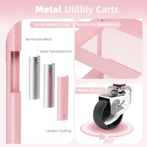 KINGRACK 3 Tier Metal Rolling Cart with Drawer, Pink Utility Storage Cart - color: Pink