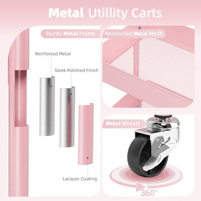 KINGRACK 3 Tier Metal Rolling Cart with Drawer, Pink Utility Storage Cart - color: Pink