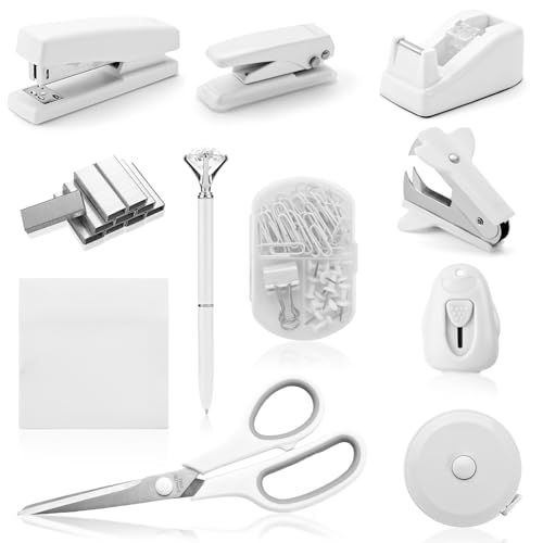 White Desk Accessory Kit Cute Office Supplies Set Desktop Stapler Set Includes Staple Remover Hole Punch Tape Dispenser Ballpoint Pen Scissor Mini Box Cutter Tape Measure Paper Clips Sticky Notes - color: White