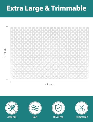 Extra Large Shower Mat, Yonala 47 x 32 Inch Non Slip Shower Mats for Inside Shower, Soft TPE Shower Floor Mat with Suction Cups and Drain Holes, Machine Washable Bathroom Shower Mat, Easy to Clean - color: White
