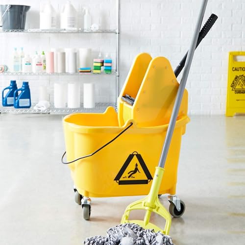 Amazon Basics Floor Cleaning Rectangular Mop Bucket with Sturdy Down Press Wringer Combo, 35-Quart, Yellow