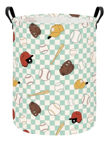 Round Laundry Basket Collapsible Storage Hamper Green Grid Baseball - color: Green Grid Baseball