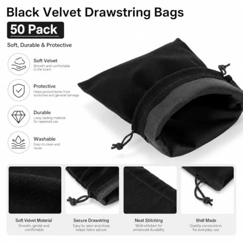 Goaste 50 Pieces Velvet Drawstring Bags, 5×7 Inch Black Jewelry Pouches, Soft Velvet Gift Bag, Double Drawstring Cloth Bags for Jewelry Bracelet, Headphone, Bead, Gift, Candy, Gadgets