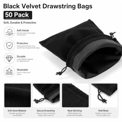 Goaste 50 Pieces Velvet Drawstring Bags, 5×7 Inch Black Jewelry Pouches, Soft Velvet Gift Bag, Double Drawstring Cloth Bags for Jewelry Bracelet, Headphone, Bead, Gift, Candy, Gadgets