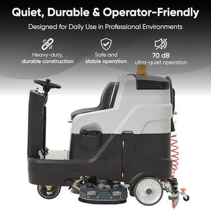 Battery Powered Ride-On Commercial Floor Scrubber Machine, 38" Brush, 48" Squeegee Width, 46 gal Solution Tank, 48 gal Recovery Tank, 5 hr Use 8 hr Charge, 180 RPM, 84,000 Sqft/H, Batteries Included - size: 38"
