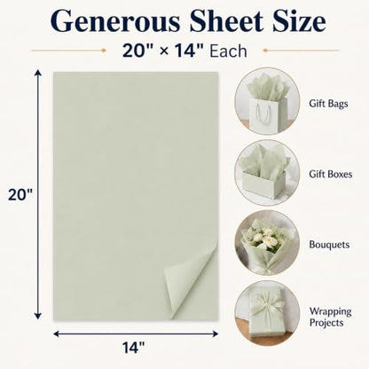 ROVIBIOBIO 100 Sheets Sage Green Tissue Paper for Gift Bags, 20 x 14 Inch - color: Sage Green
