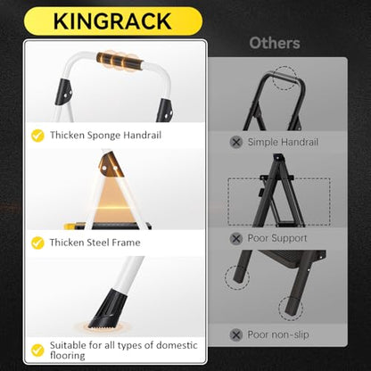 KINGRACK 3 Step Folding Ladder, 800lbs Capacity Step Stool with Safety Lock, Non-Skid Wide Pedals, and Handrail, Lightweight, Household Ladder for Home, Kitchen, Pantry, Closets, and Office Use, White - size: 3-STEP