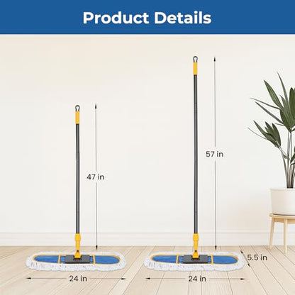 24”Dust Mop for Floor Cleaning, Heavy Duty Sweeper Broom Catches Dust, Pet Hair, and Debris, Washable 2 Cotton Mop Pads, Floor Duster for Hardwood, Tile, Laminate, and LVP Flooring