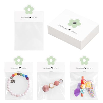 joycraft Jewelry Packaging for Small Business – 100Pcs White Bracelet Display Cards with Clear Bags, Small Handmade Jewelry Display Set for Bracelets, Key Chains, Earring, DIY Craft - color: White with Green