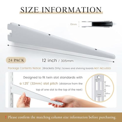 Adjustable Shelf Brackets 24 Pack Heavy Duty 12 Inch Wire Shelf Brackets for Twin Slotted Standard Uprights White Metal Shelf Supports for Adjustable Shelving System Closet Organization - size: 12 Inch-24 Pack