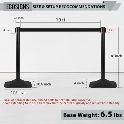 ECOSlGNS 8 Pack Heavy Duty Crowd Control Stanchions for Banks, Events, Retail w/ 10ft Retractable Belt, Non-Slip Weighted Rubber Base (Black) - color: Black, size: Rectangle Base - 8 Pack