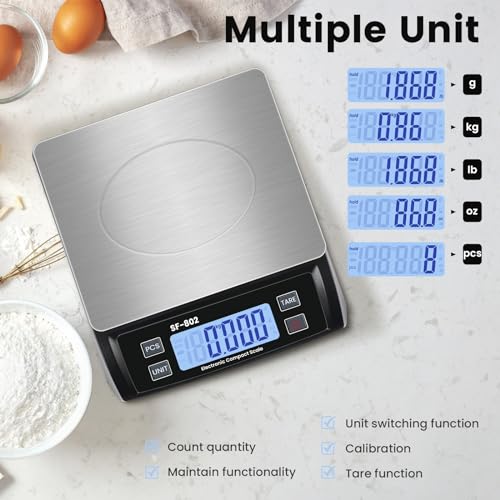 Digital Kitchen Scale 30kg/66lb Large Food Scale for Baking Cooking Stainless Bread Scale with LCD Display Counting Scales for Commercial (Color : Stainless Black) - color: Stainless black