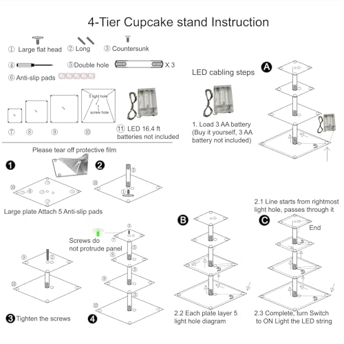 4 Tier Cupcake Stand Cupcake Holder with LED, Acrylic Square Cupcake Tower