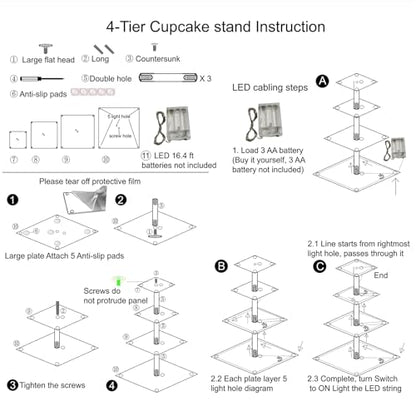 4 Tier Cupcake Stand Cupcake Holder with LED, Acrylic Square Cupcake Tower
