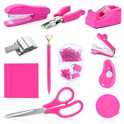 Hot Pink Desk Accessory Kit Cute Office Supplies Set Desktop Stapler Set Includes Staple Remover Hole Punch Tape Dispenser Ballpoint Pen Scissor Mini Box Cutter Tape Measure Paper Clips Sticky Notes - color: Hot Pink