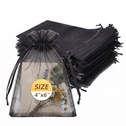 Wudygirl 100 PCS Organza Bags 4"x6" Gift Bags with Drawstring Black - color: Black, size: 4x6 IN