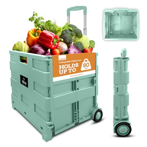 Inspired Living Ultra-Slim Rolling Collapsible Storage Pack-N-Roll Utility-carts, with Telescopic Handle, for Home, Garden, Shopping, Office, School use, Large, Mint - color: Pale Mint, size: Large/ No Lid