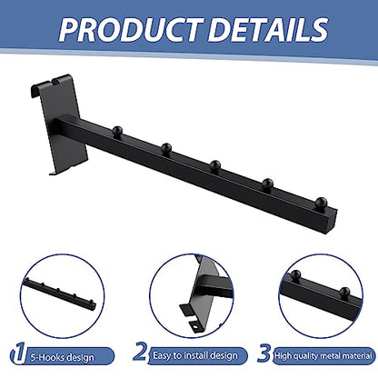 4 Pack Black Gridwall Clothes Hanger with 5 Balls - 12 Inch Rectangular Tube Display for Wire Grid and Grid Wall