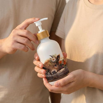 Floral Highland Cow Soap Dispenser, Rustic Farmhouse Farm Animal Glass Dish Soap Dispenser for Kitchen, Highland Cow Refillable Handsoap Pump Bottle for Bathroom Countertop Kitchen - color: Farmhouse 01
