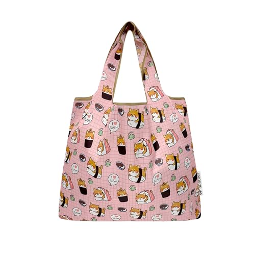 allydrew Medium Foldable Tote Nylon Reusable Grocery Bag (Set of 2) - color: Doggy Sushi