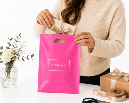 Purple Q Crafts 50 Pack Pink Thank You Plastic Shopping Bags with Die Cut Handles, 9x12 Inch - color: Pink Bag