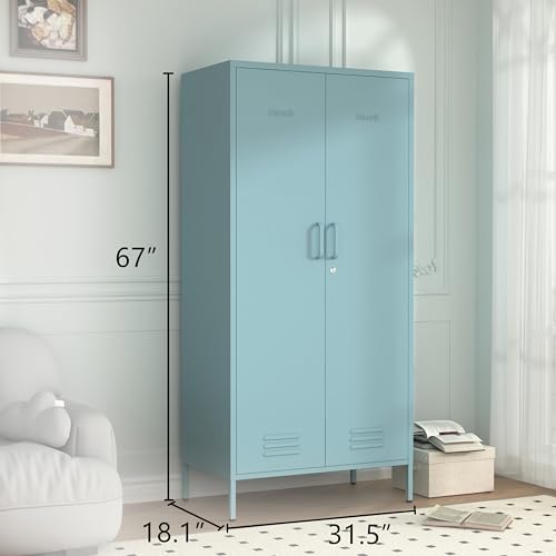Metal Armoire Wardrobe Closet, 67" Tall Blue Lockable Wardrobe Cabinet with 2 Doors, Hanging Rod and Adjustable Shelves, Steel Clothing Storage Cabinet for Bedroom, Home, Cloak Room, Gym, Office - color: Ocean, style: Wardrobe-67"H-JS
