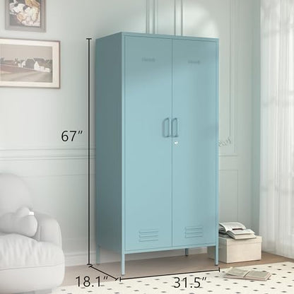 Metal Armoire Wardrobe Closet, 67" Tall Blue Lockable Wardrobe Cabinet with 2 Doors, Hanging Rod and Adjustable Shelves, Steel Clothing Storage Cabinet for Bedroom, Home, Cloak Room, Gym, Office - color: Ocean, style: Wardrobe-67"H-JS
