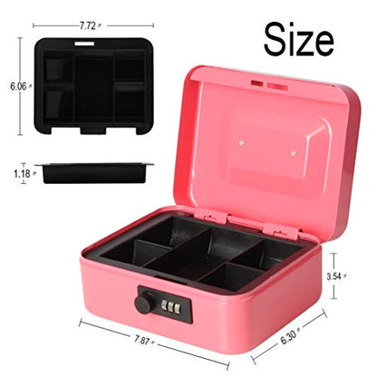 Cash Box with Money Tray, Parrency Medium Money Box with Combination Lock, 7 4/5" x 6 4/5" x 3 3/5", Pink - color: Combo Pink, size: Medium（7.87")