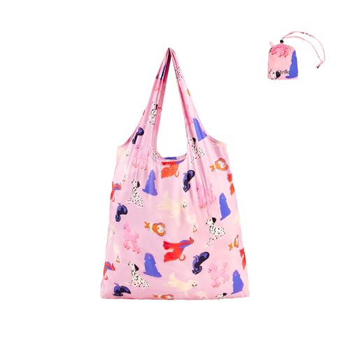 Stelle Lightweight Reusable Grocery Bag with Handles Ripstop Nylon Foldable Tote Shopping Bags for Travel and Groceries - color: Puppy Parade|pink
