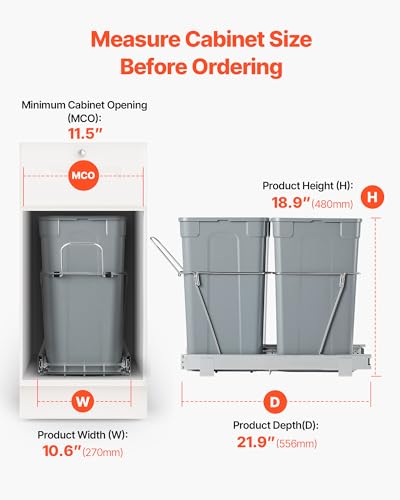 VEVOR Pullout Trash Can for Kitchen Cabinets, 27QTx2 Double Under Sink Garbage Waste Recycling Bin, Under Mount Waste Container, with Heavy Duty Metal Full Extension Sliding System and Handle Grey - size: 54QT(27QTx2)