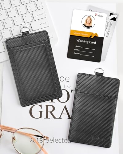Teskyer Leather ID Badge Holder with Lanyard, Vertical Carbon Fiber Black - color: Carbon Fiber Black, size: Vertical