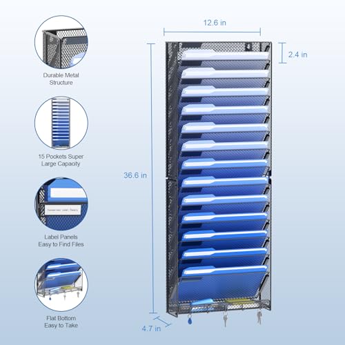 OUTWOLF 15 Tier Wall File Organizer with Hooks, Hanging Wall File Holder Wall Mount Paper Folder Organizer for Office, Magazine Rack - color: 15 Tier