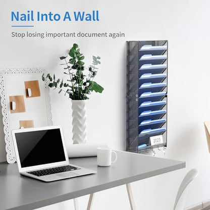 OUTWOLF Hanging Wall File Organizer with Hooks, 12 Tier Vertical Wall Mount File Holder, File Folder Wall Organizer for Office - color: 12 Pocket