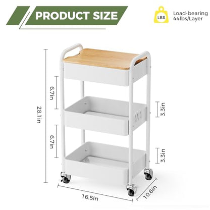 3-Tier Rolling Cart with Table Top, Metal Utility Cart on Wheels - color: White