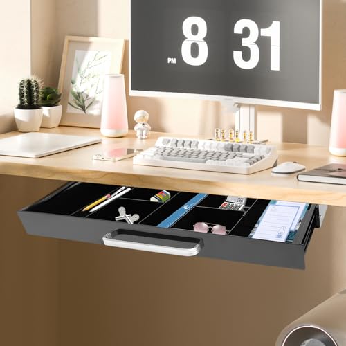 Under Desk Drawer, Mounted Sliding Pull-out Drawer, Pull-out Storage Organizer with Compartment, Pull-out Drawer with Lock, Standing Desk Drawer Attachment, for Store Items, 21.5*10.2*2.1in (Black)