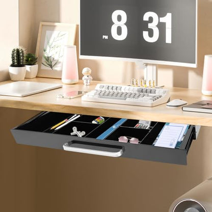Under Desk Drawer, Mounted Sliding Pull-out Drawer, Pull-out Storage Organizer with Compartment, Pull-out Drawer with Lock, Standing Desk Drawer Attachment, for Store Items, 21.5*10.2*2.1in (Black)