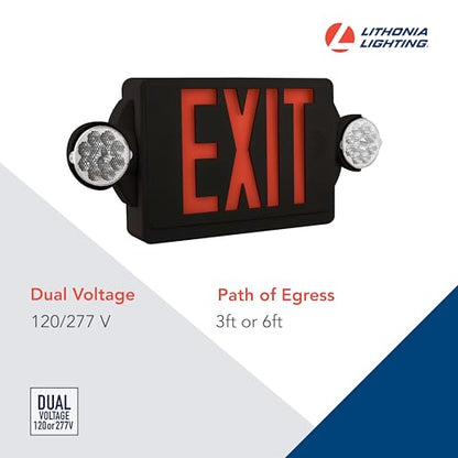 Lithonia Lighting LHQM Quantum LED Exit Sign/Emergency Light Combo, Exit Sign and Emergency Lights for Business, 2-Head Fixture, Red Letters, 180 Lumens, MVolt, 4 Watts, Black - color: Red (Black Housing), size: 19.25" | Sign & Round Light Combo
