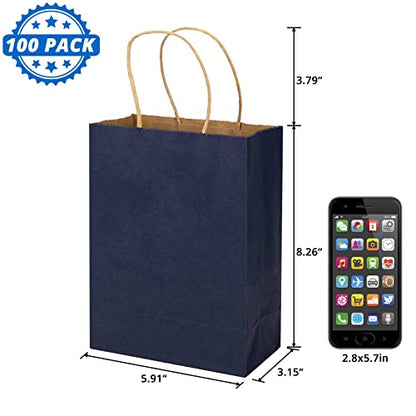 HavrePac 100 Pack Gift Bags with Handles 5.9x3.15x8.26 inch Dark Blue - color: Dark Blue