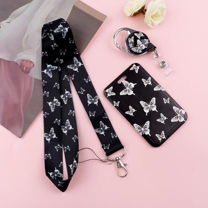 Butterfly Badge Holder with Lanyard, Simple Vertical Plastic ID Card Holder with Silky Neck Lanyard and Retractable Reel Clip, Black Teacher Lanyards with Keychain for Women, Girls, Nurse - color: Butterfly1