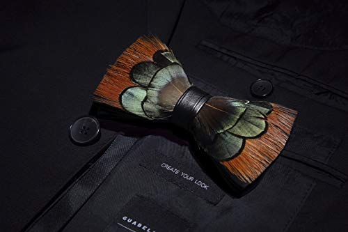 RBOCOTT Handmade Feather Pre-tied Bow tie and Brooch Sets for Men - color: Orange/Green