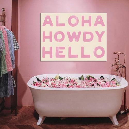 Aloha Howdy Hello Wall Art, Trendy Western Coastal Cowgirl Room Aesthetic Canvas Poster,Preppy Pink Text Pictures Horizontal Funky Bar Cart Prints For Teen Girl Dorm Bedroom Wall Decor Framed (pink,